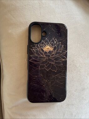 Floral Lotus Black Phone Case with Gold Accent